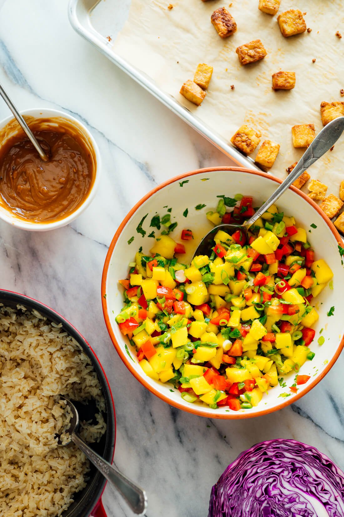 mango tofu peanut bowl components