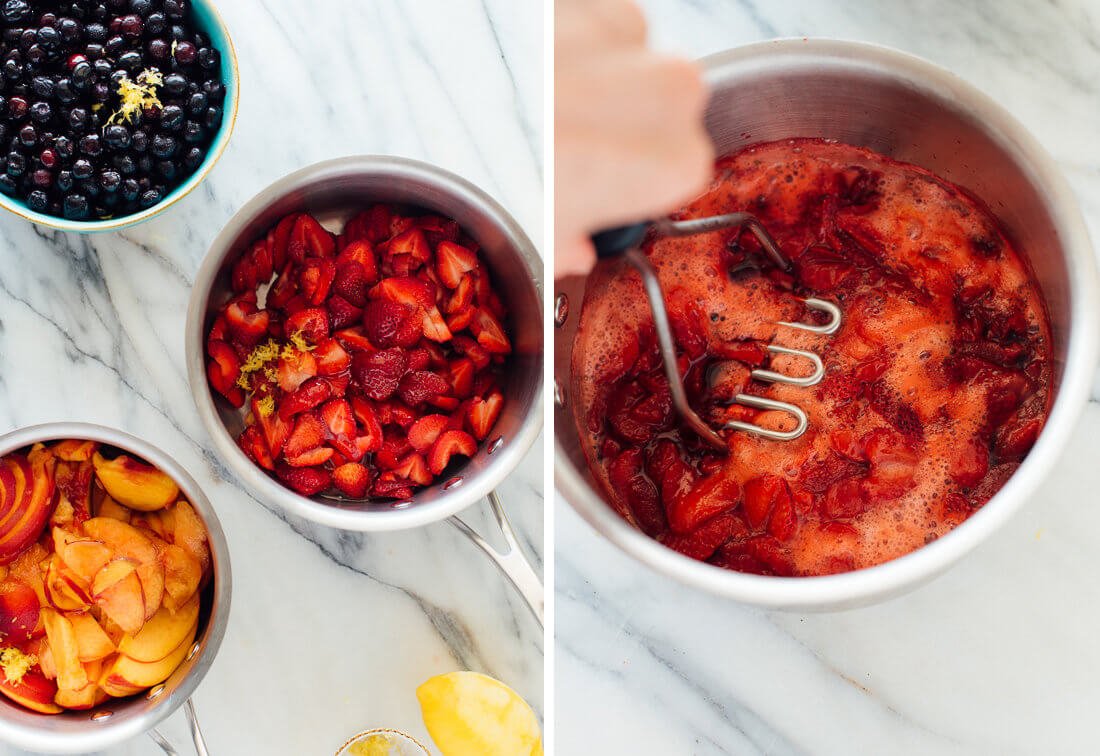 mashing strawberries to make compote