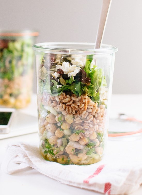 Mason jar chickpea, farro and greens salad made with pantry/refrigerator staples - cookieandkate.com