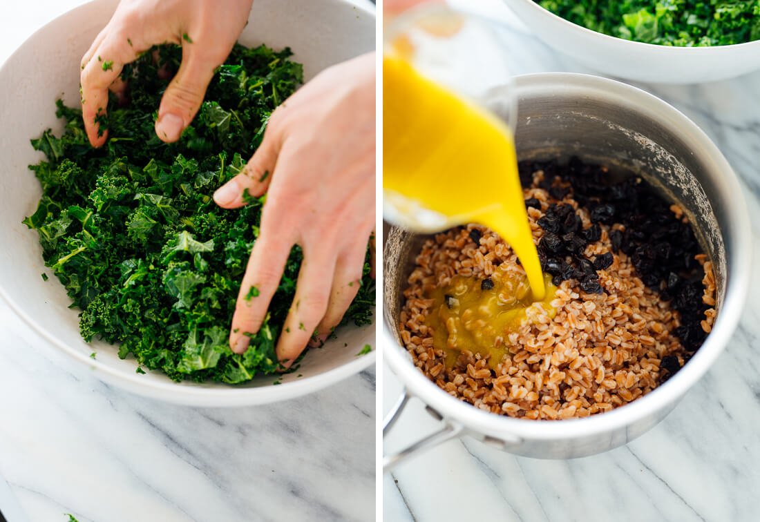 massaged kale and cooked farro