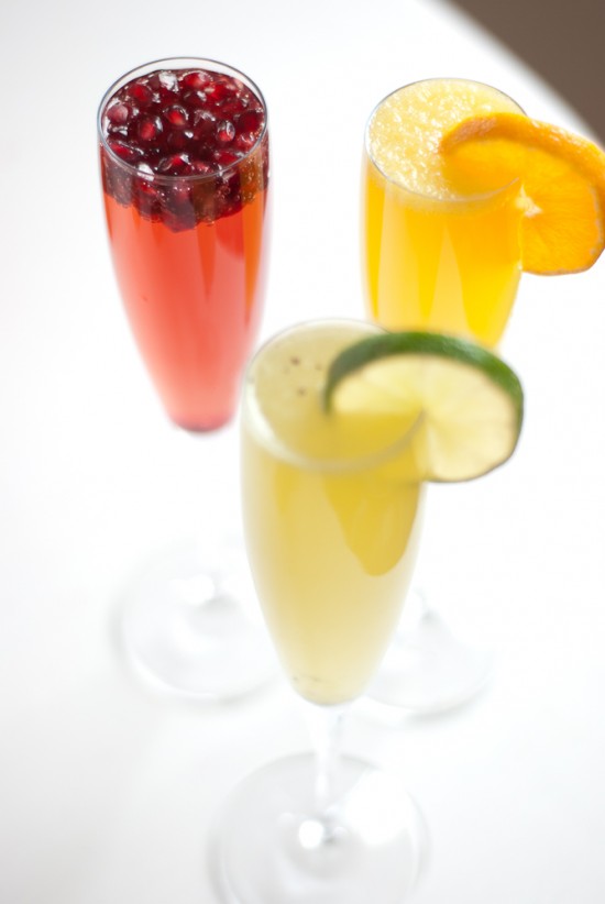 colorful fruit juice and champagne cocktails for new year's eve