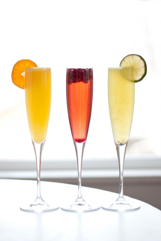 colorful orange, red and kiwi green champagne cocktails