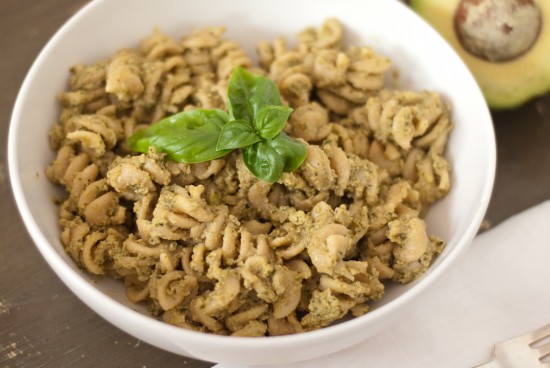 avocado basil pesto with whole grain pasta