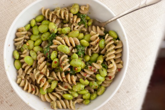 pesto, edamame and whole wheat pasta