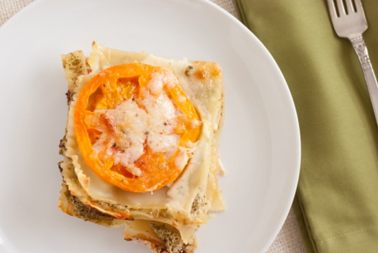 pesto lasagna with fresh tomatoes