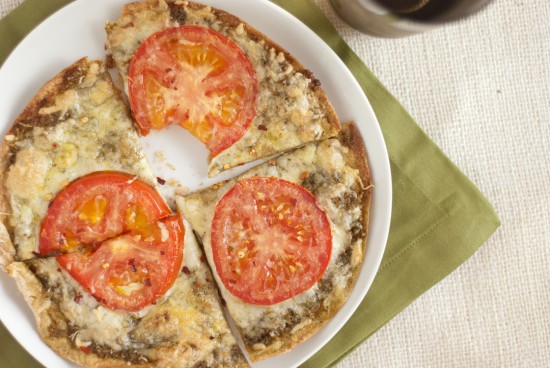 healthy pesto tortilla pizza