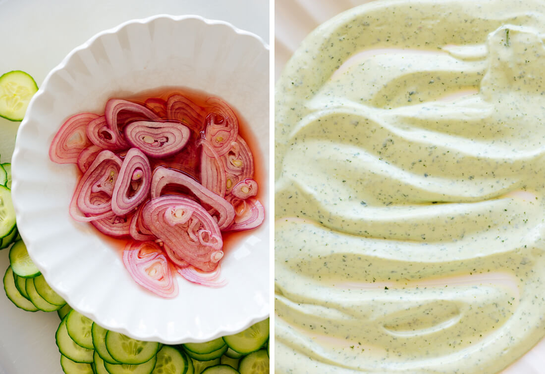 pickled shallot and mint-basil yogurt sauce