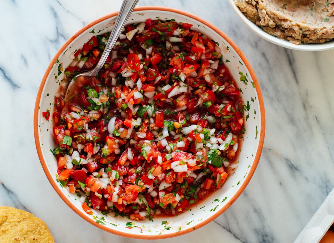 pico de gallo with tortillas and beans