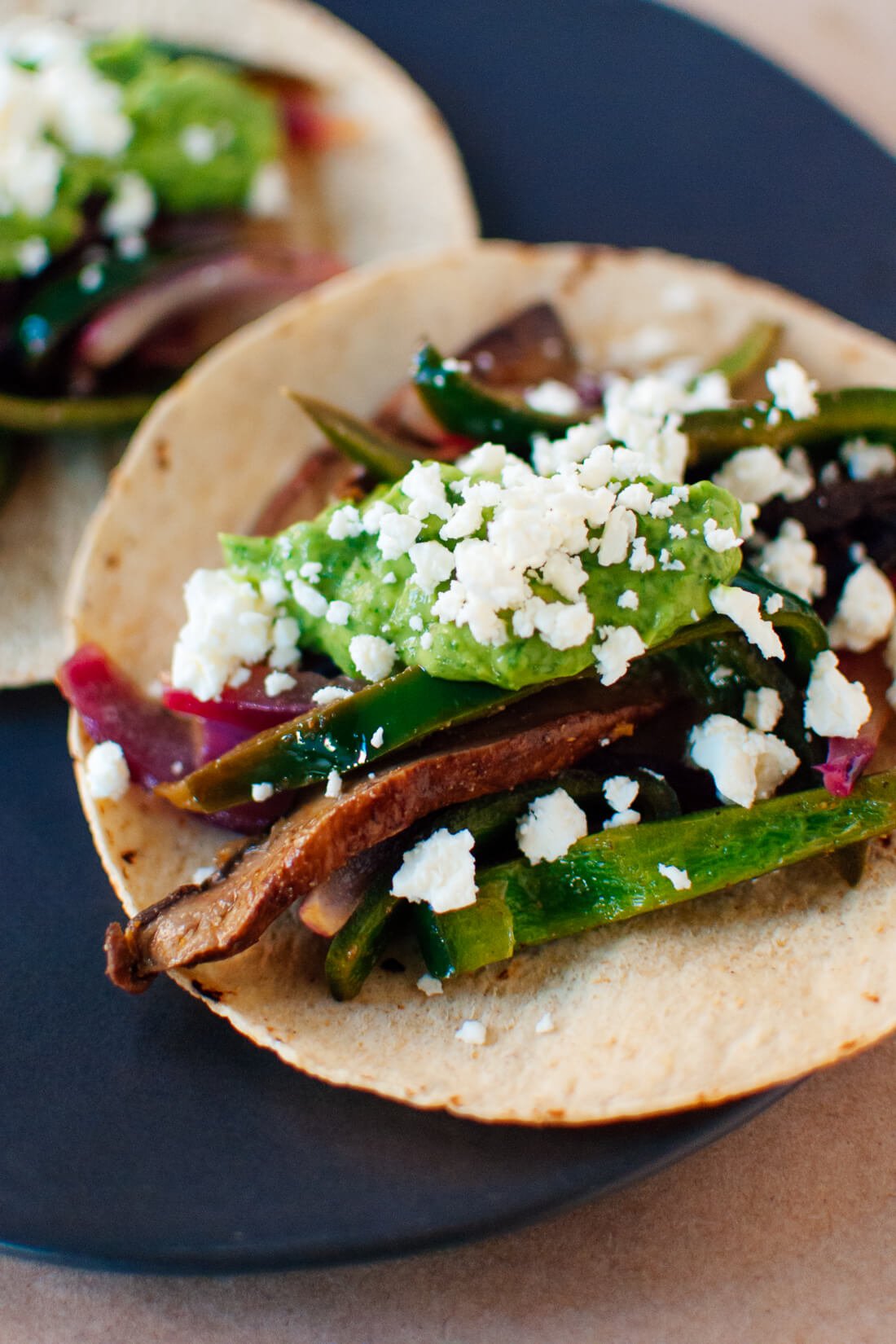 Portobello mushroom and poblano pepper fajitas