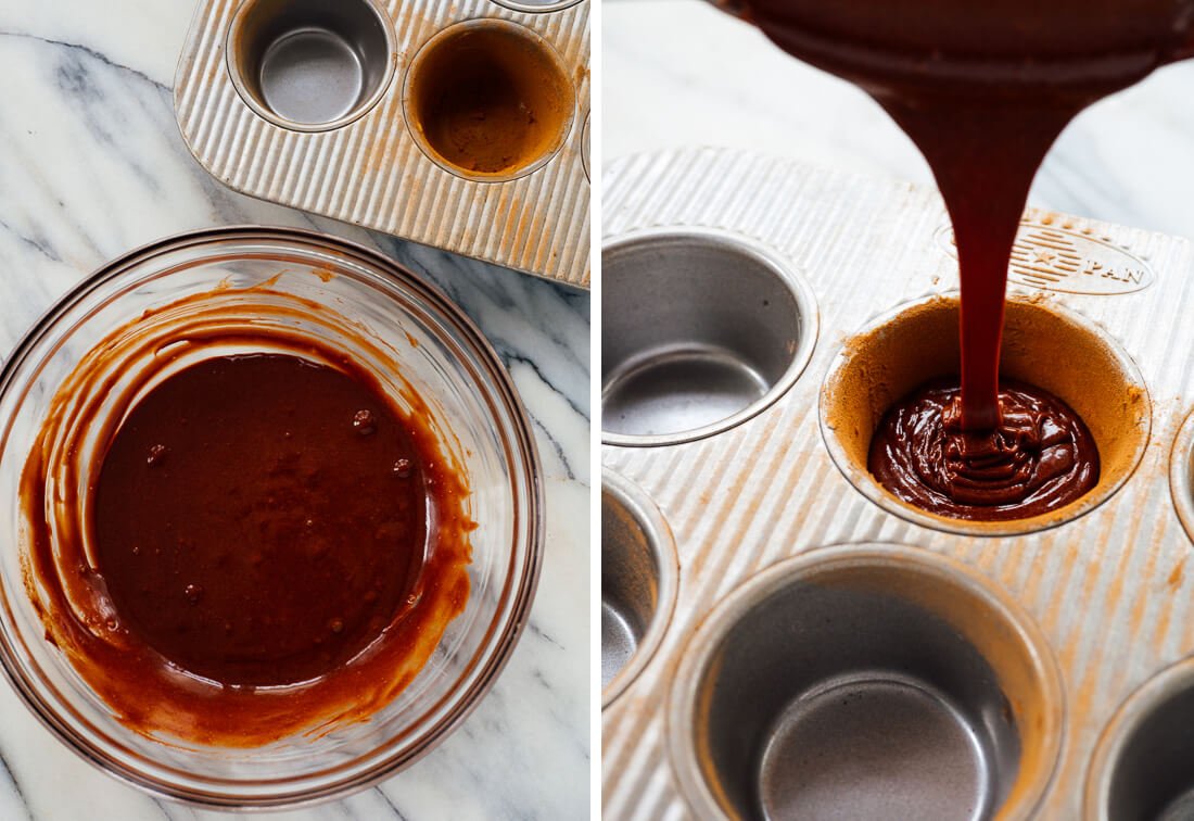 pouring lava cake batter into prepared muffin tin