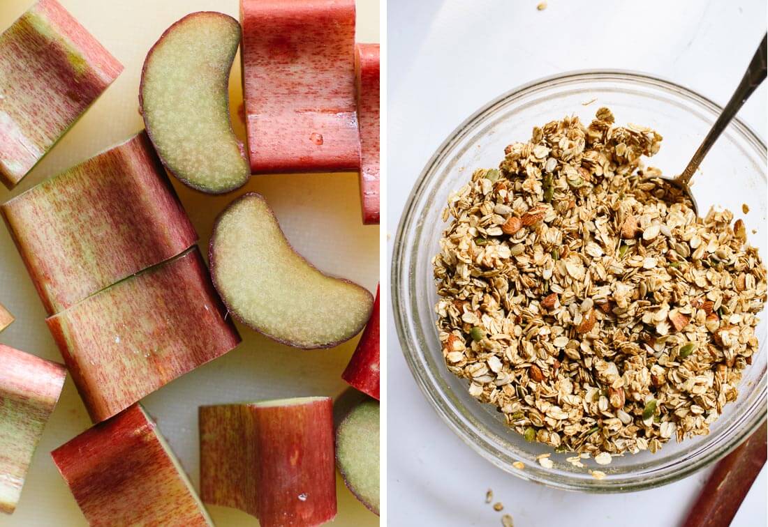 rhubarb and granola ingredients