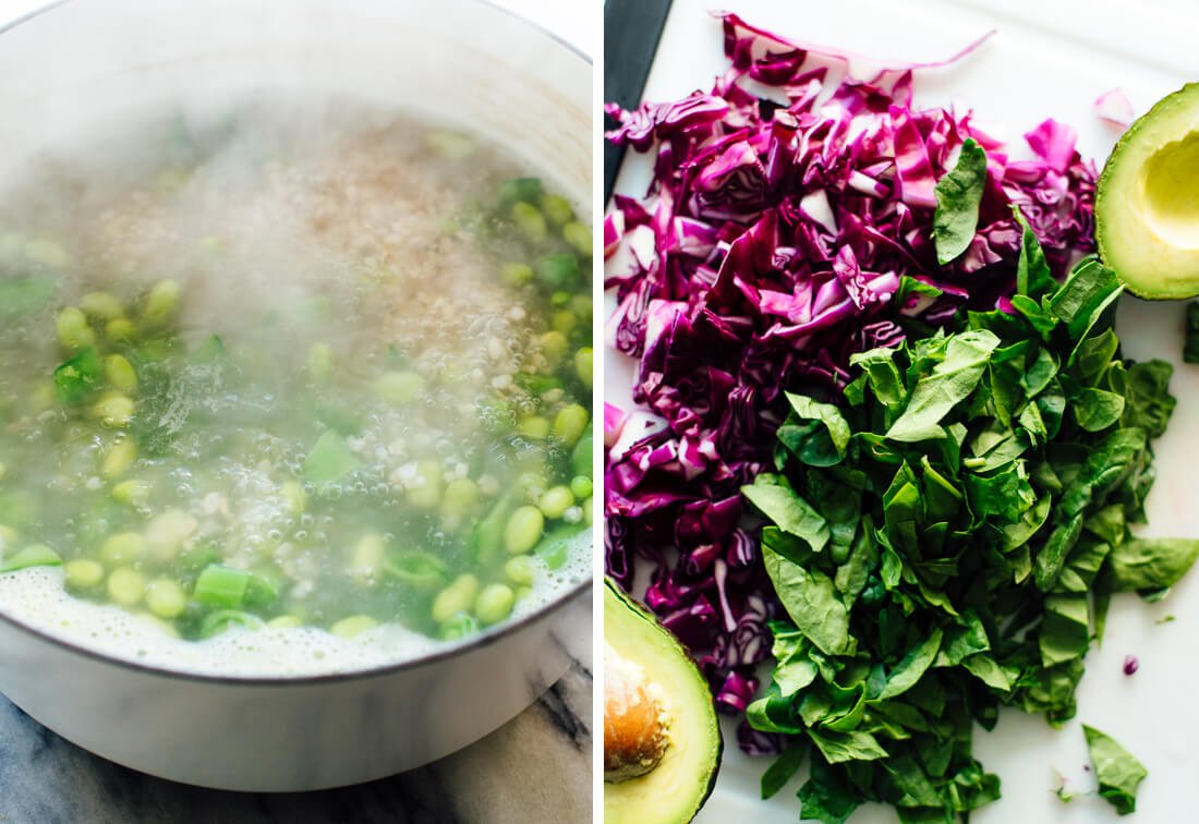 rice, edamame, spinach and red cabbage