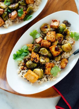 roasted brussels sprouts, crispy baked tofu and rice recipe