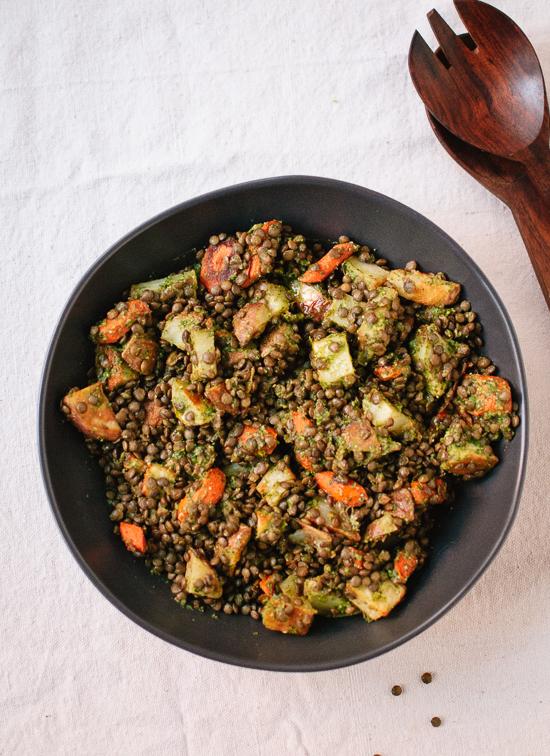 Roasted carrot and potato, lentils and miso parsley sauce recipe - cookieandkate.com