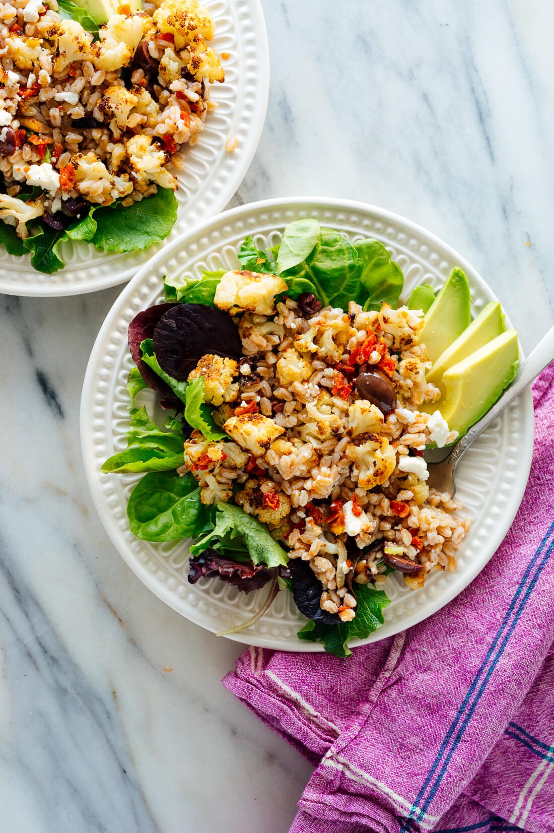 Roasted Cauliflower and Farro Salad with Feta and Avocado