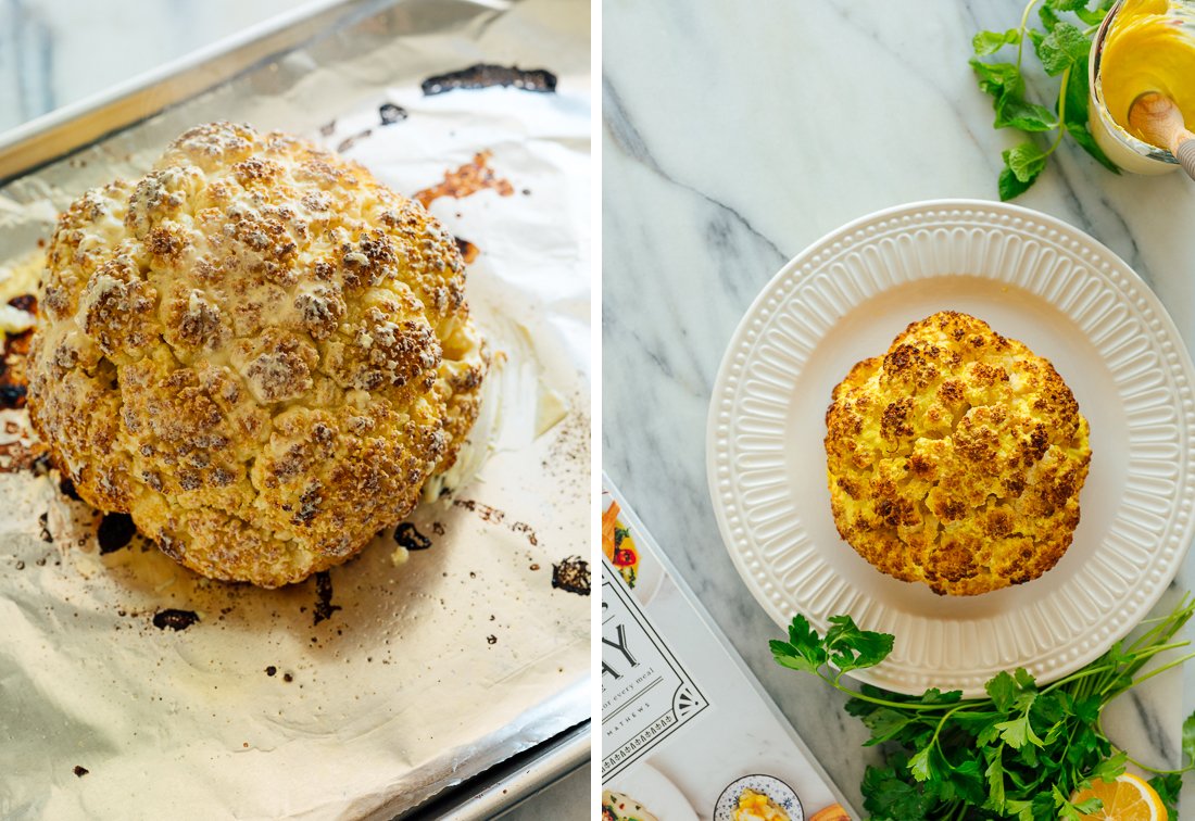 roasted cauliflower coated in turmeric yogurt mixture