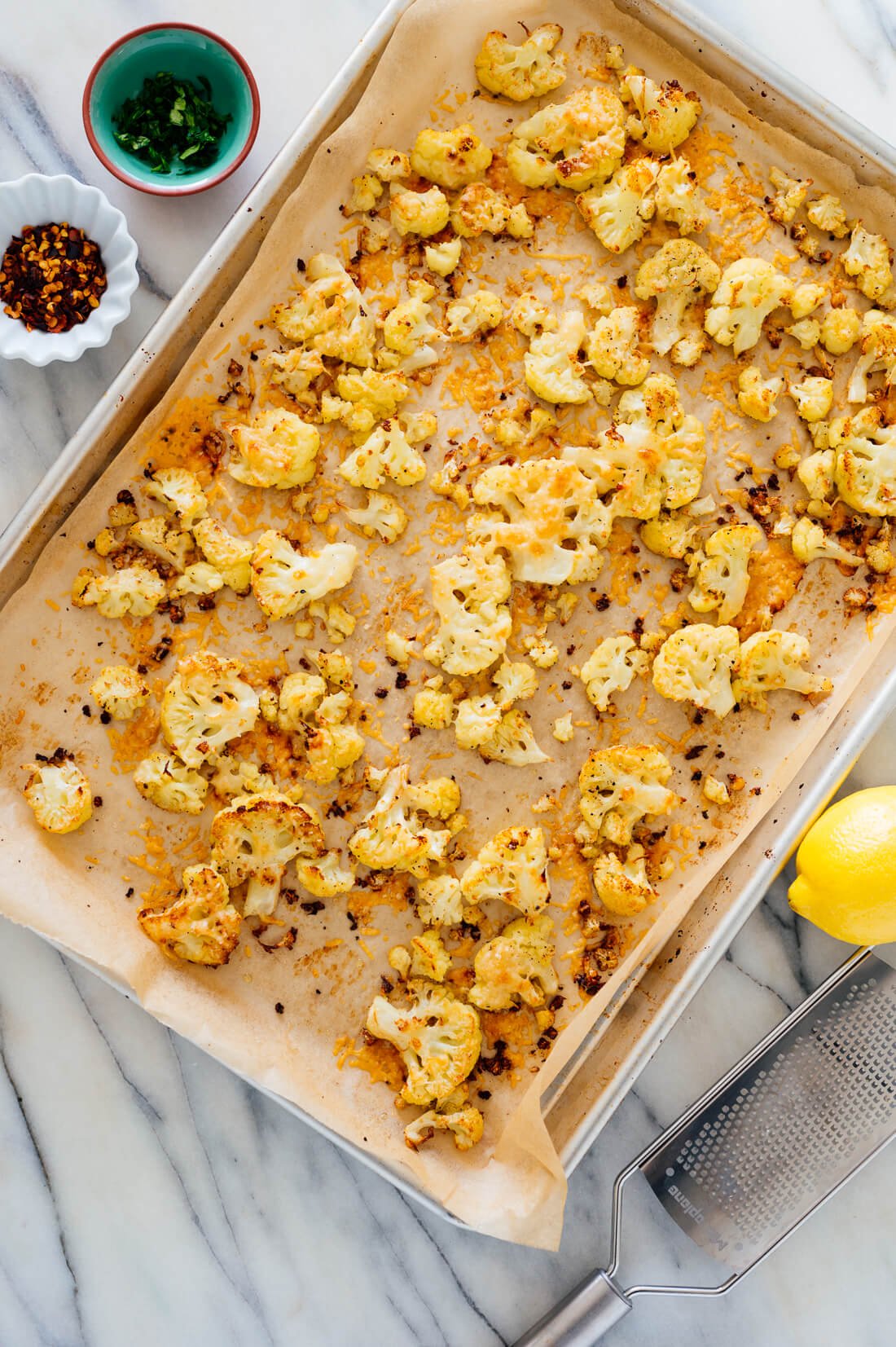 roasted cauliflower with golden parmesan on top