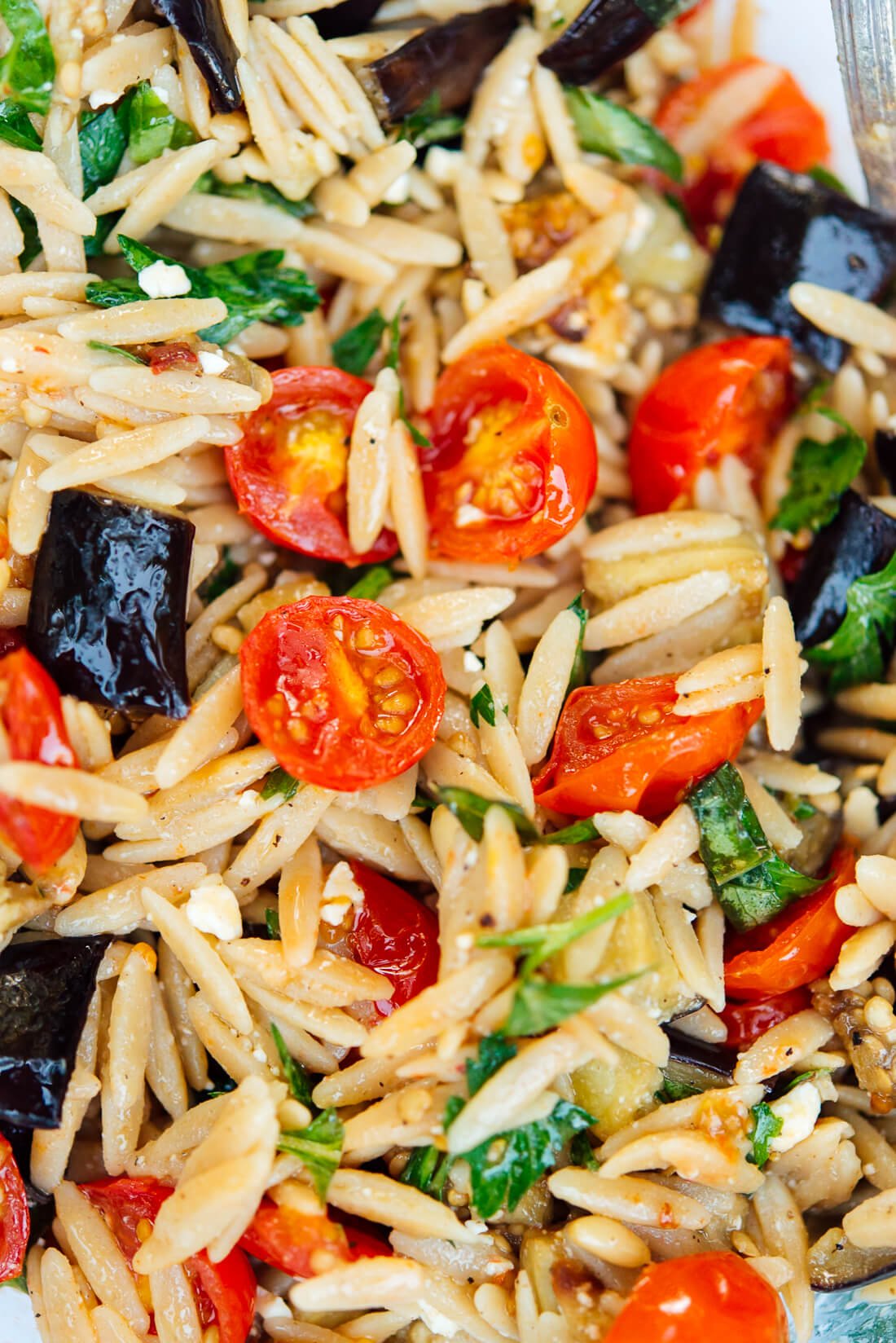 Herbed eggplant, tomato and orzo pasta with feta