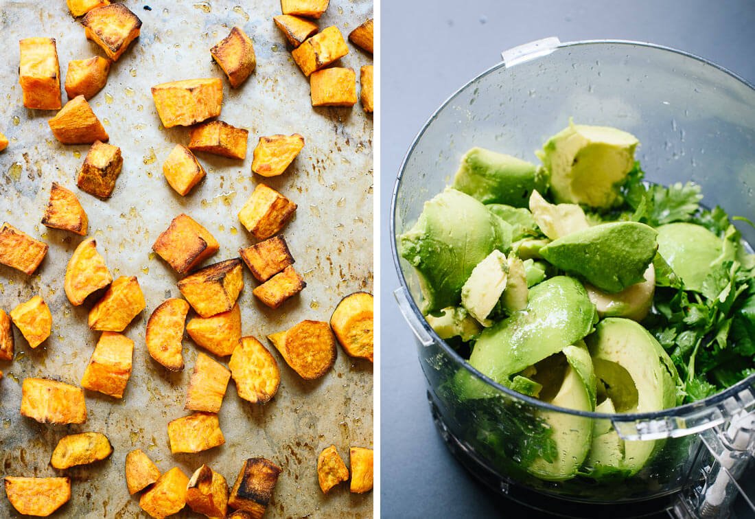 roasted sweet potatoes and avocado dip