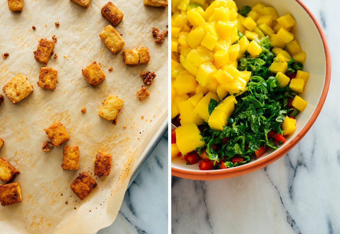 roasted tofu and mango salsa preparation