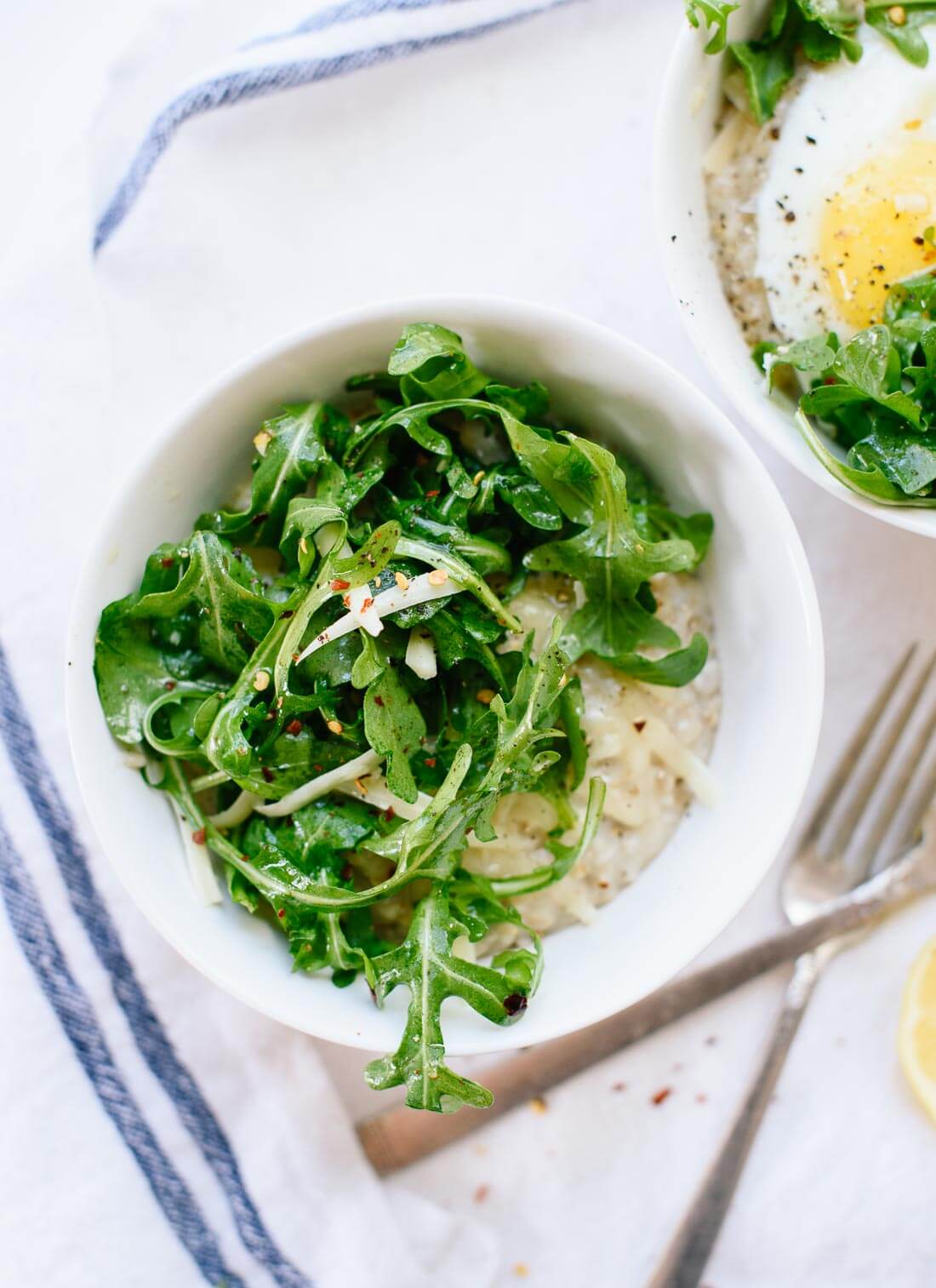 Savory steel cut oatmeal with lemony arugula and cheddar cheese - cookieandkate.com