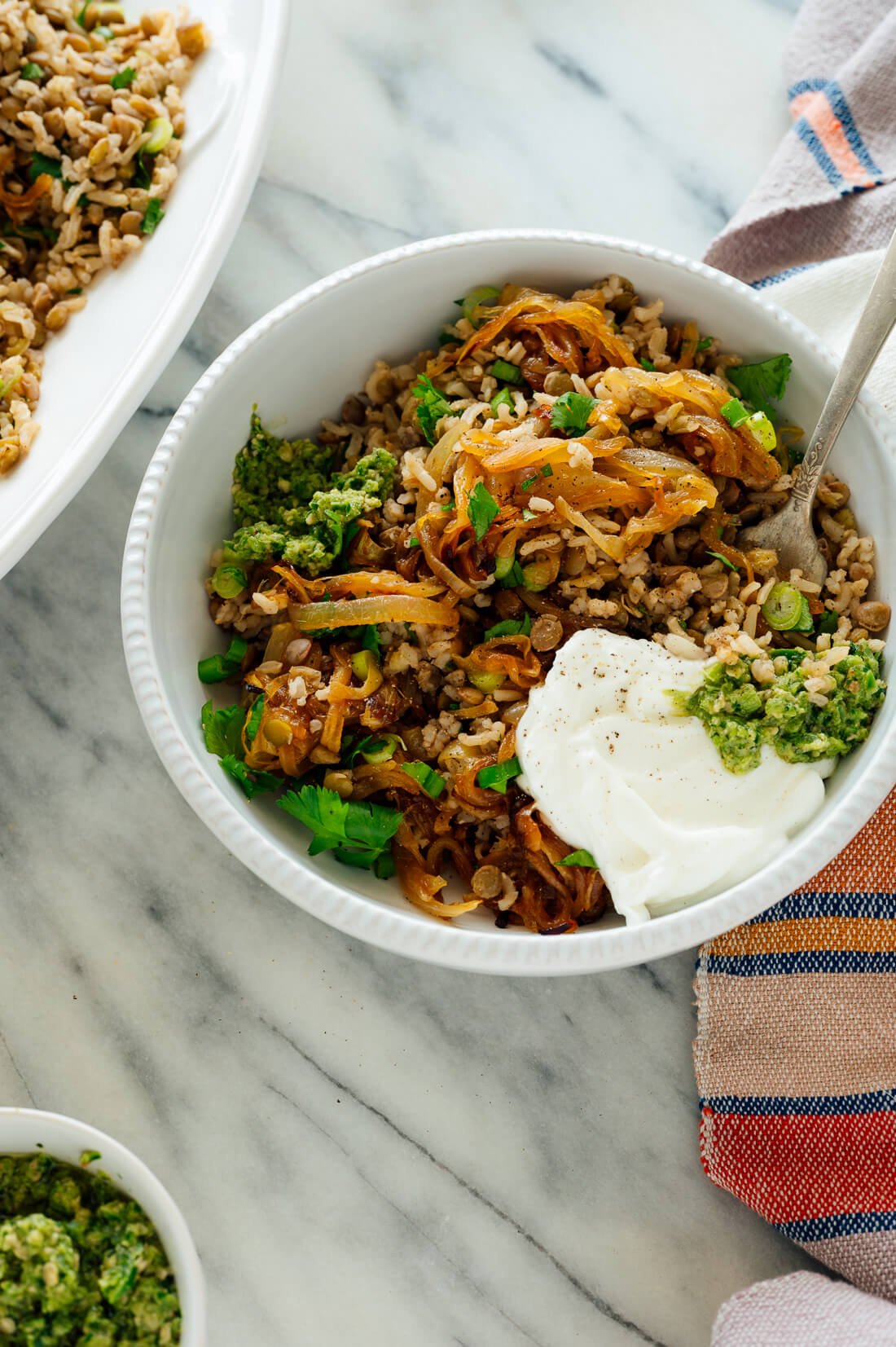 serving of mujaddara with yogurt in bowl