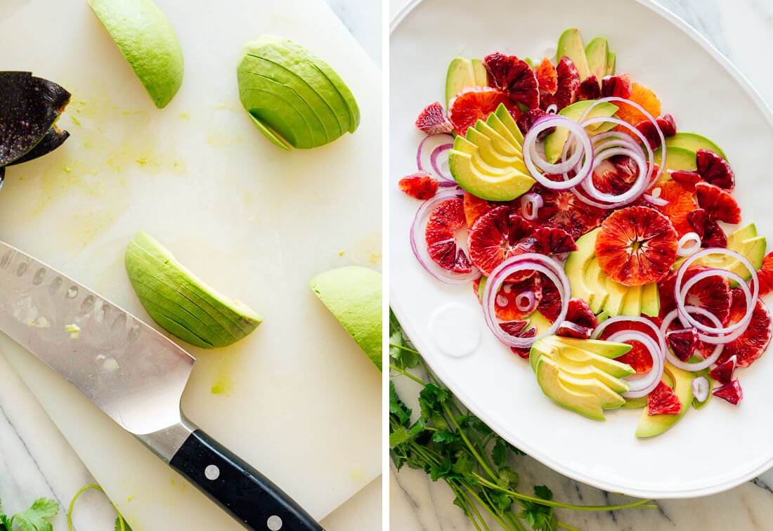 sliced avocados and oranges