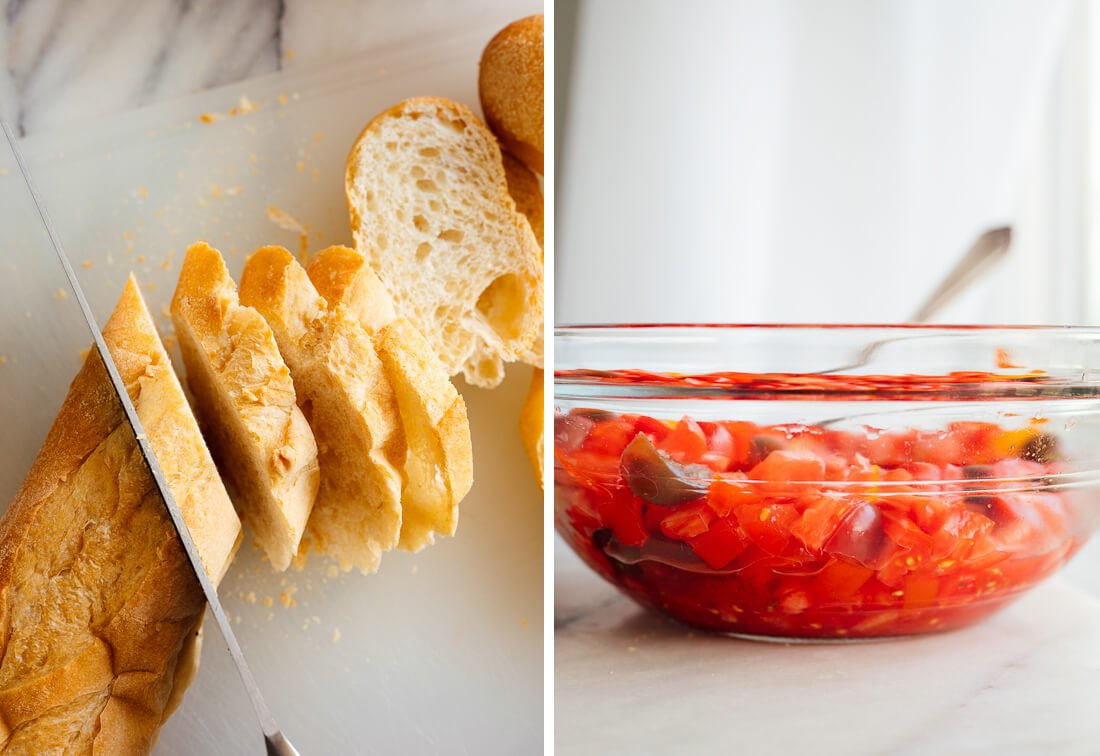 sliced baguette and tomatoes