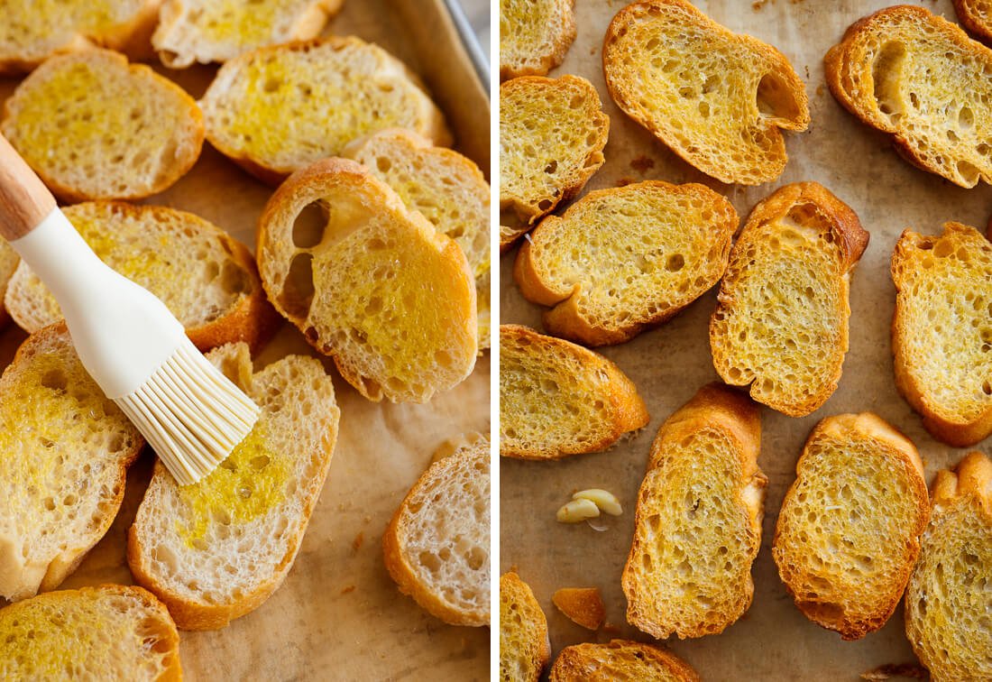 sliced baguette brushed with olive oil