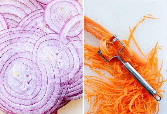 sliced red onions and carrots