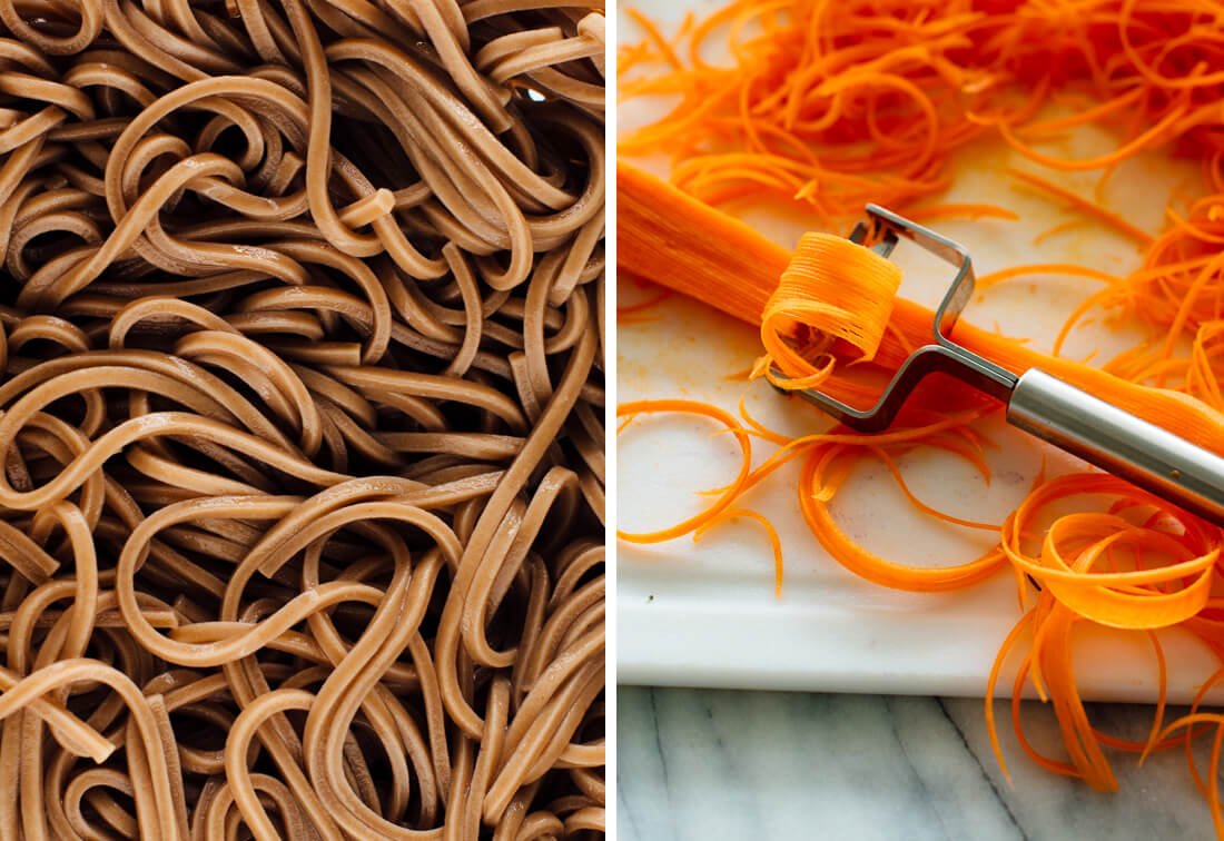 soba noodles and carrot ribbons