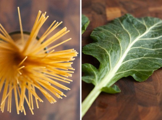 spaghettini and collard greens