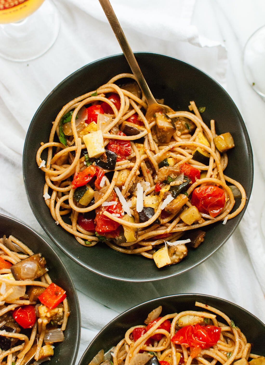 spicy roasted ratatouille with spaghetti