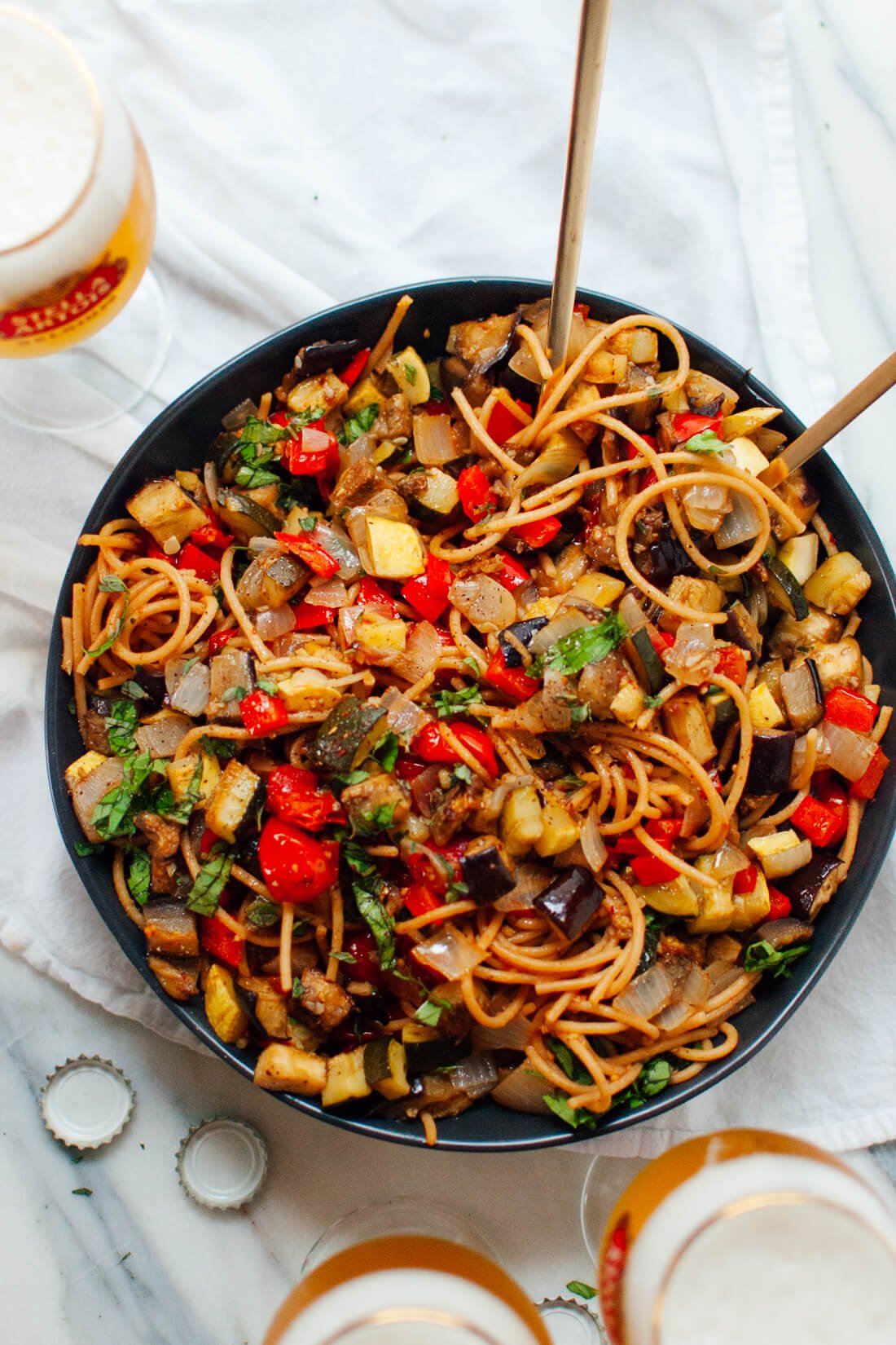 spicy roasted ratatouille with spaghetti