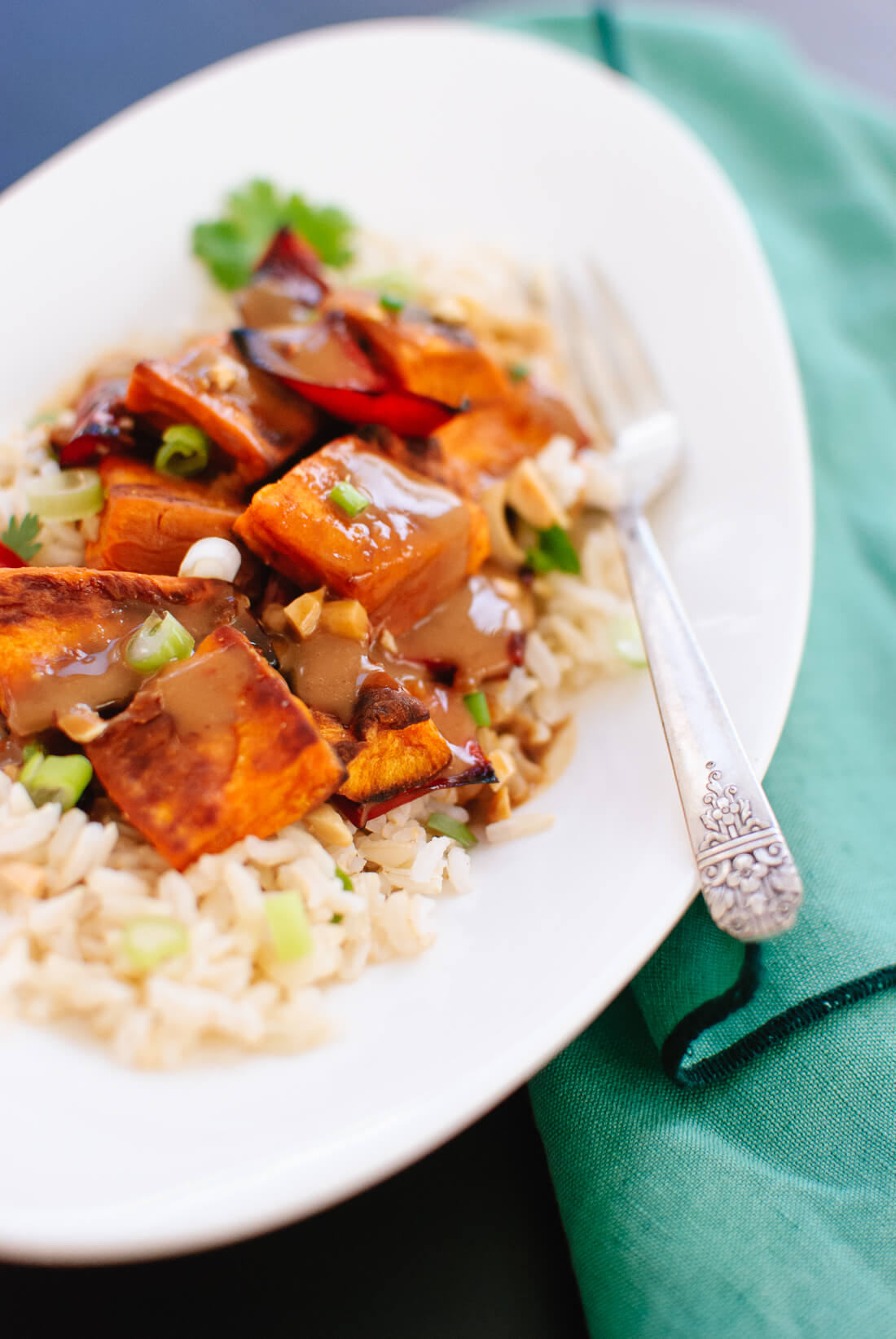 Roasted sweet potatoes with spicy Thai peanut sauce recipe