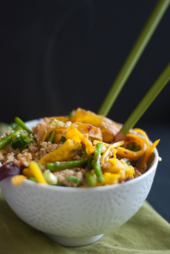 stir-fried millet with asparagus, egg and carrots