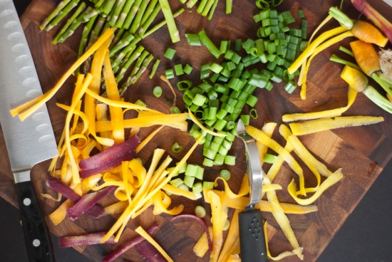 carrot ribbons, asparagus and green onions