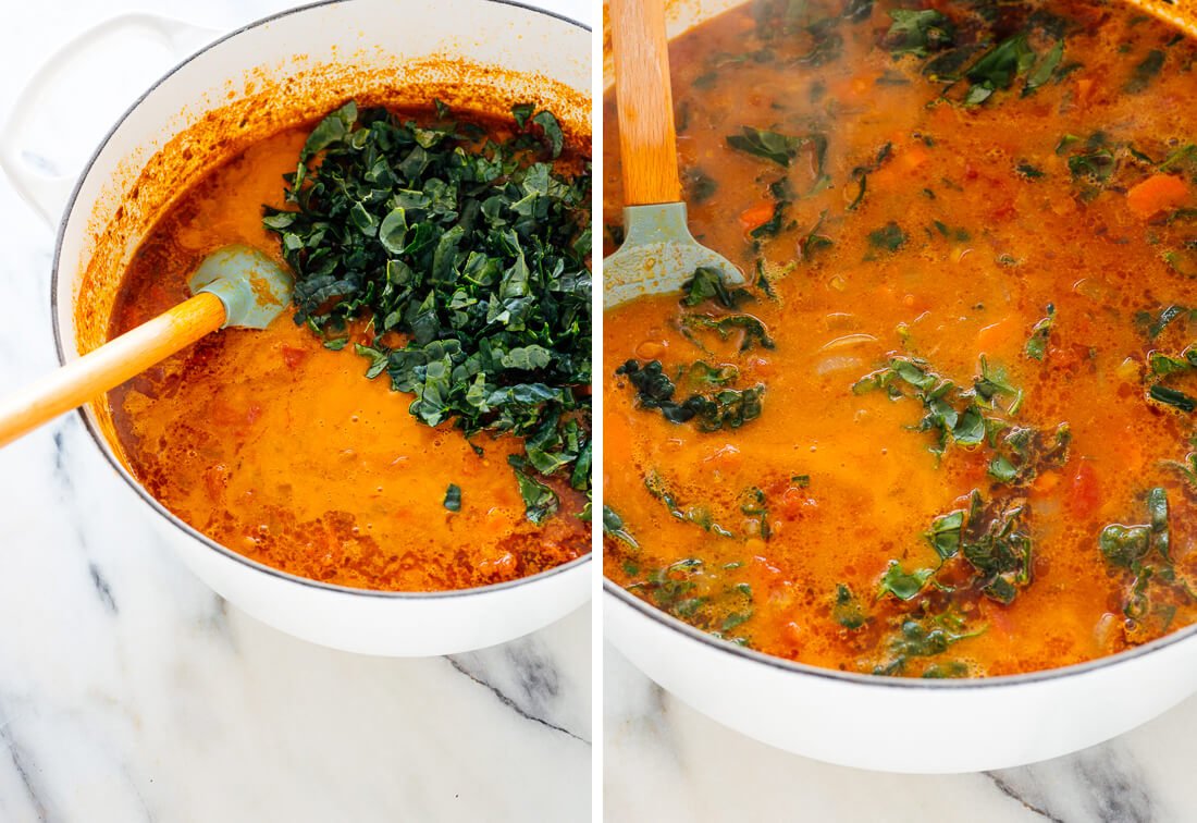 stirring kale into soup