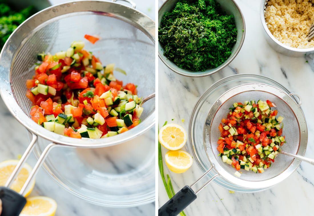 strained diced tomato and cucumber