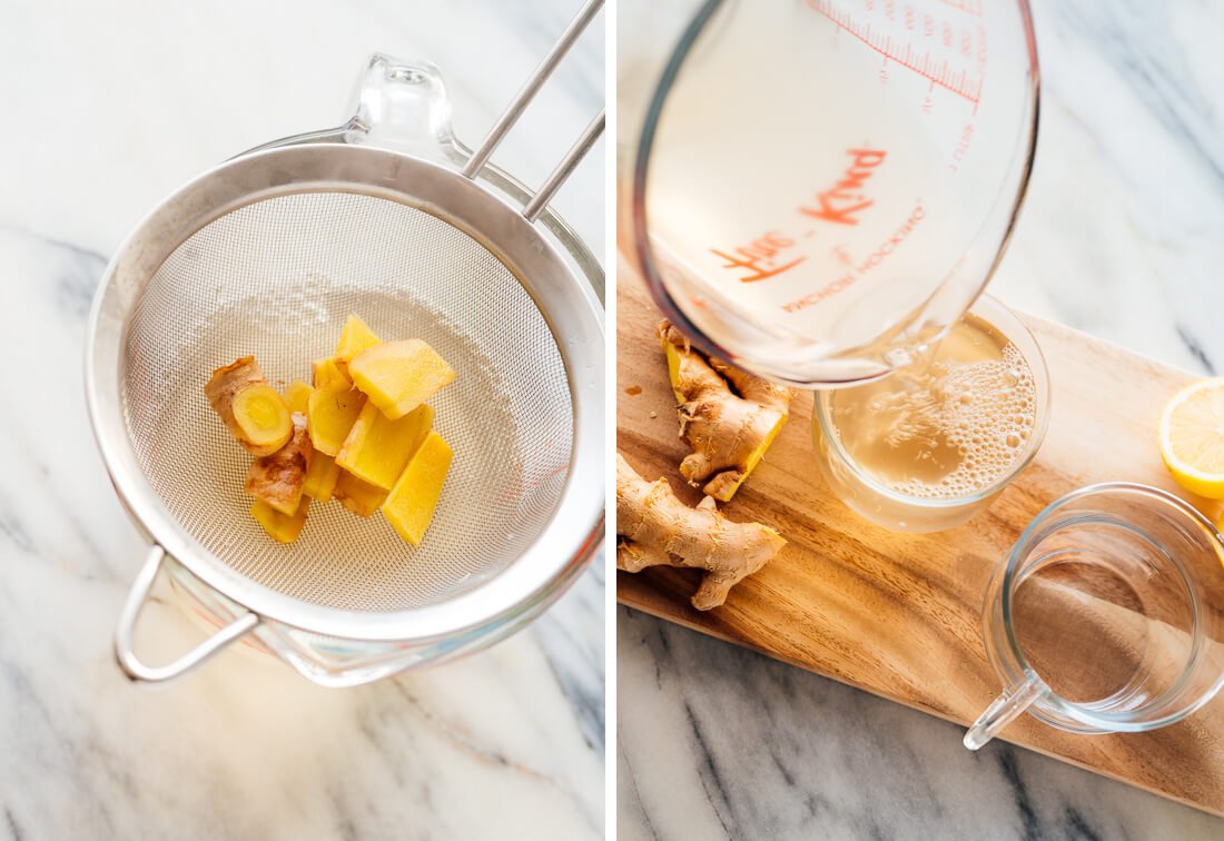 straining and pouring ginger tea