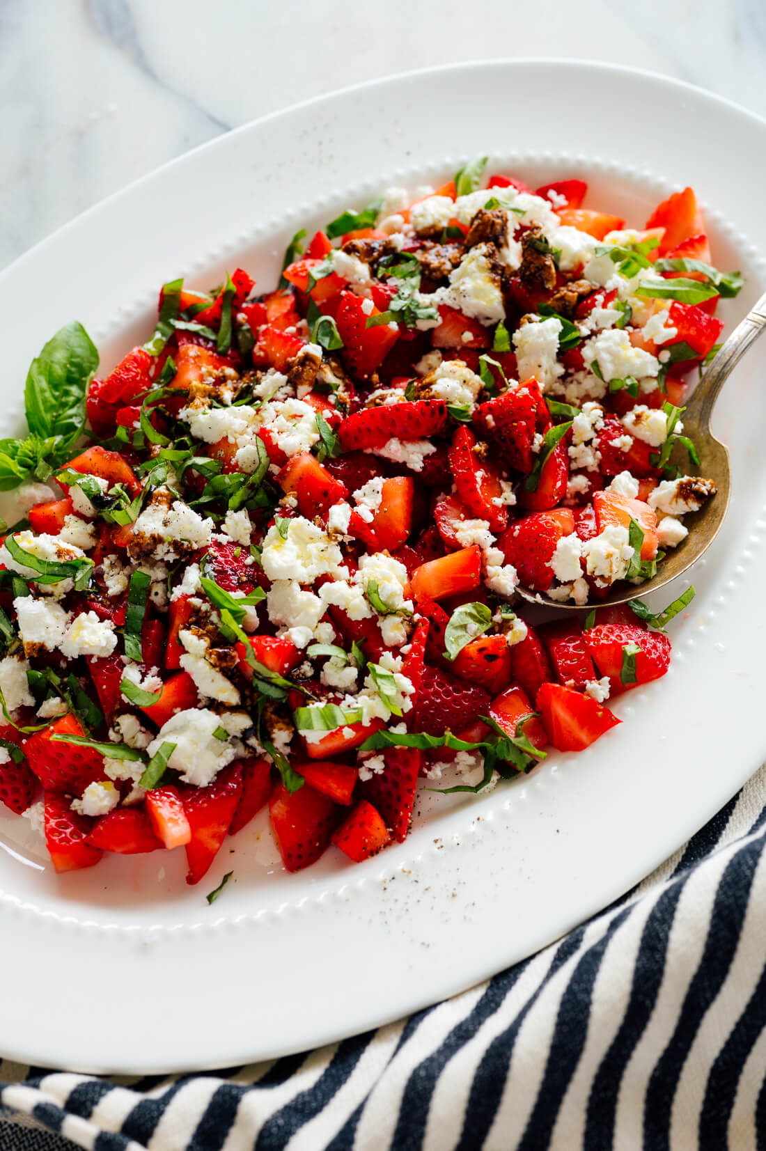 strawberry basil goat cheese salad with balsamic drizzle