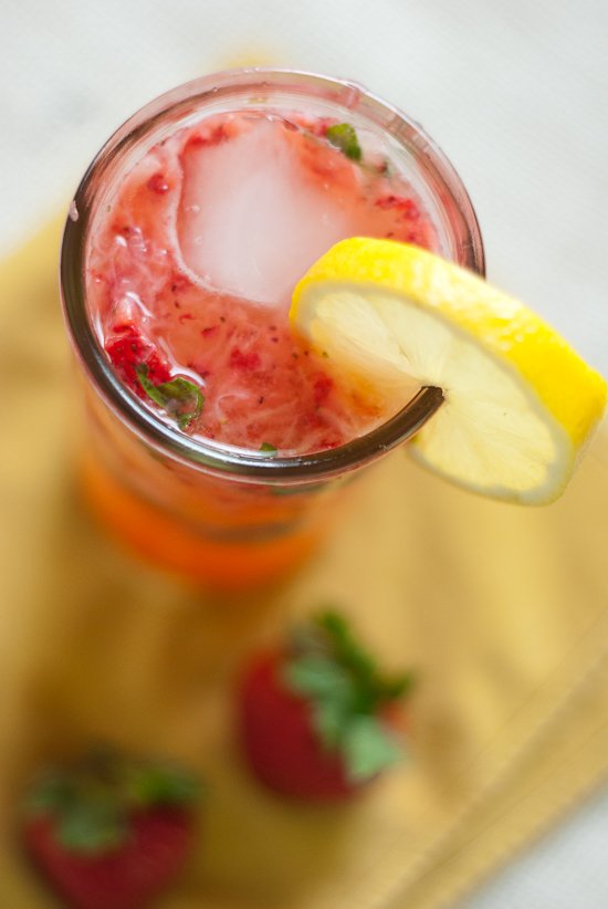 strawberry smash cocktail recipe with fresh basil, lemon and honey