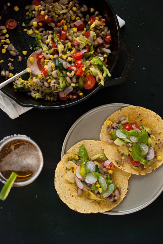 summer squash tacos with avocado chimichurri sauce