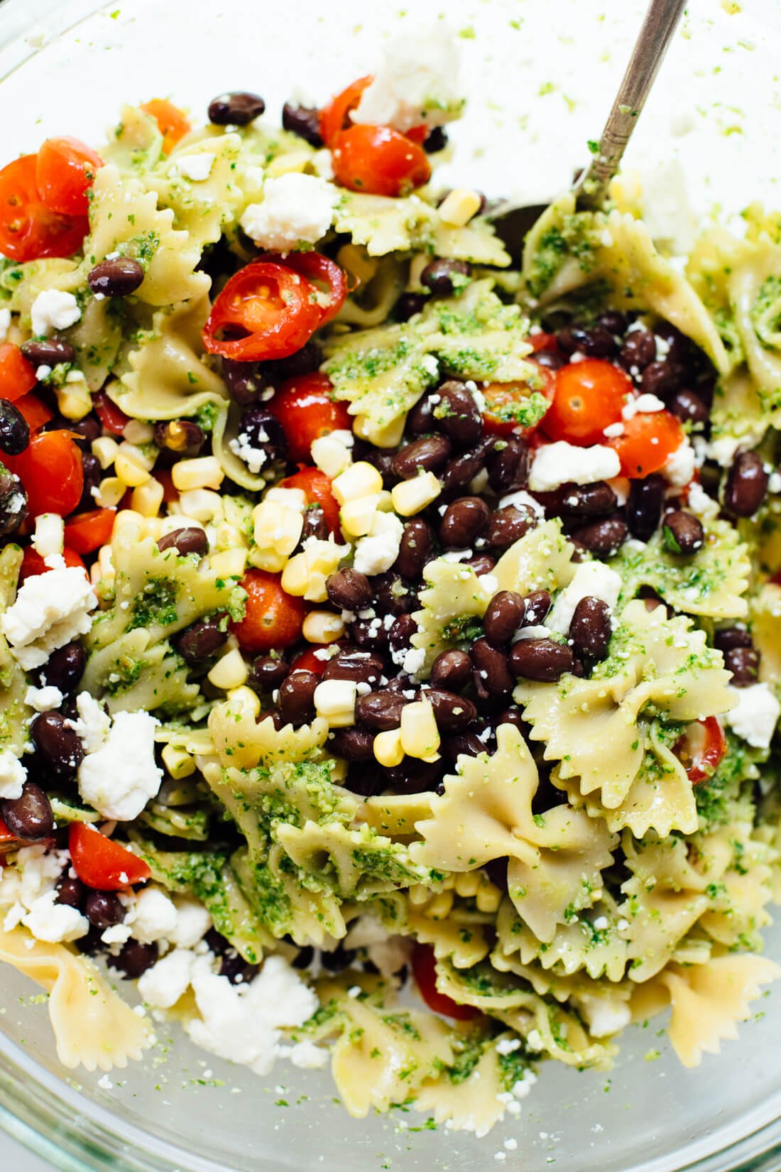 Summertime Pasta Salad with Tomatoes, Corn and Jalapeño Pesto