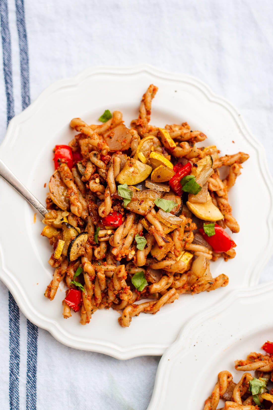 Sun-dried tomato pesto pasta with roasted vegetables