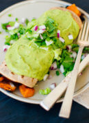 Sweet Potato Burrito Smothered in Avocado Salsa Verde