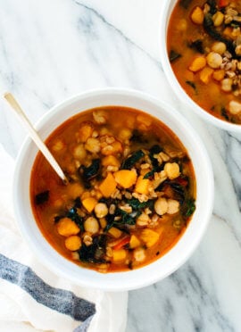 Hearty sweet potato, kale, chickpea and farro soup recipe