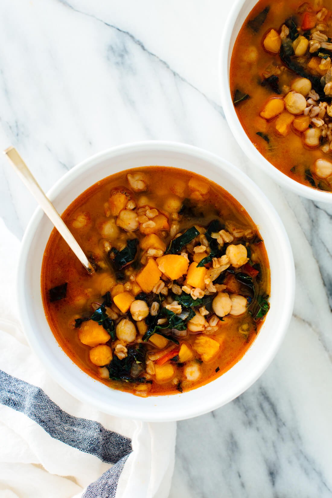 Hearty sweet potato, kale, chickpea and farro soup recipe