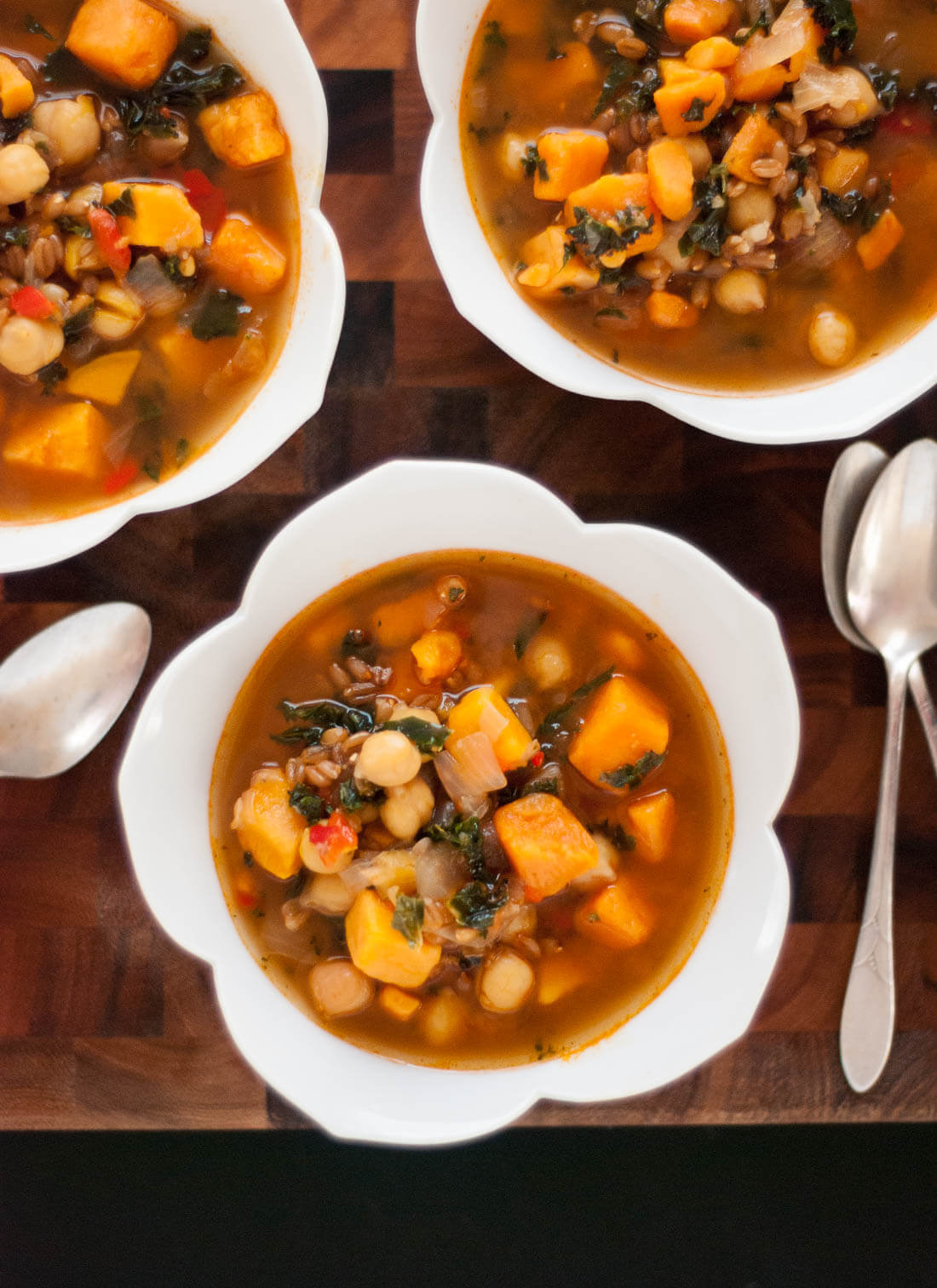 Sweet potato, kale and farro soup