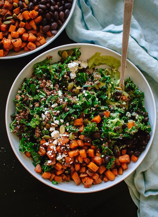 Sweet potato, quinoa and black bean power-salad with avocado sauce - cookieandkate.com